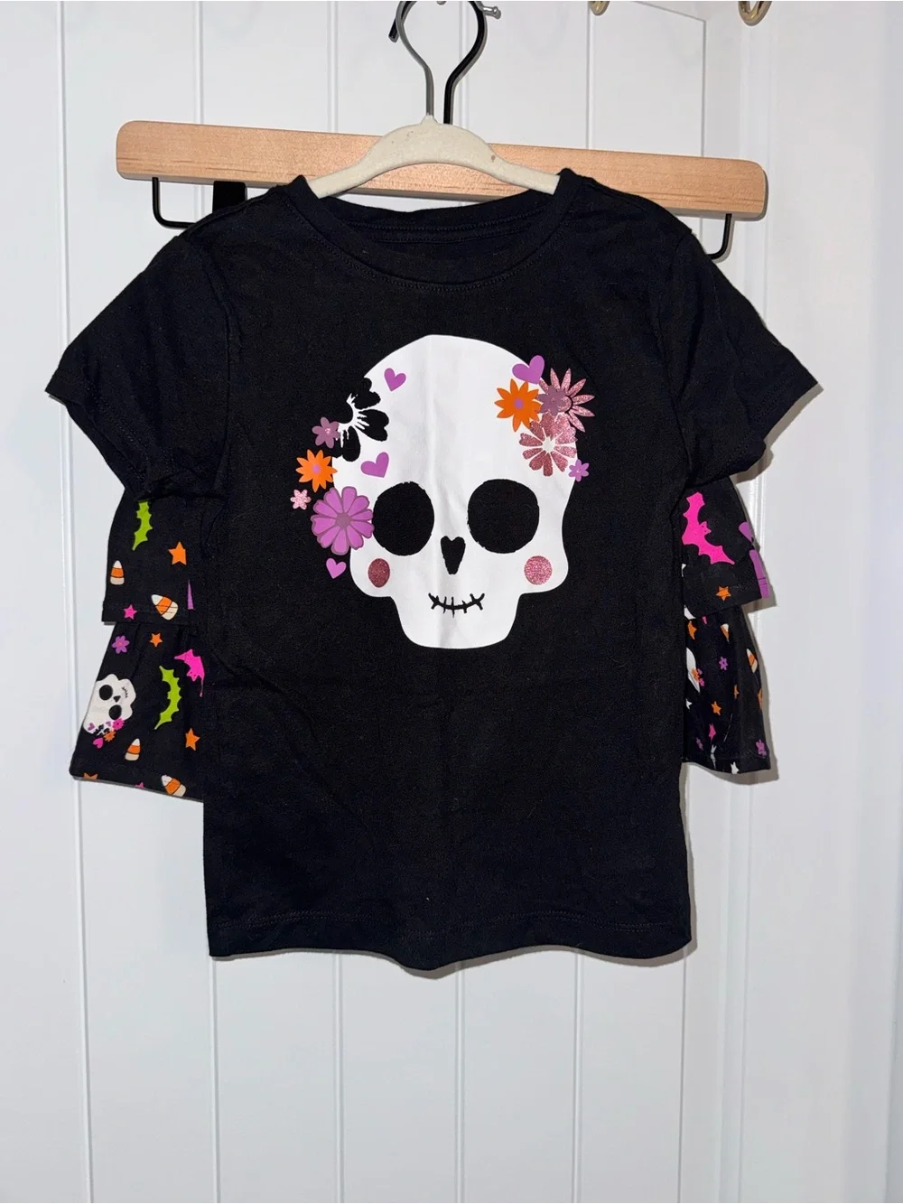 wonder nation Black Halloween Skull Tiered Dress with Pink and Orange Accents